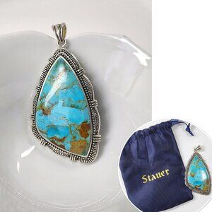 Arizona Saguaro Turquoise Pendant Stauer Large Blue Southwestern Silver-Tone 3"